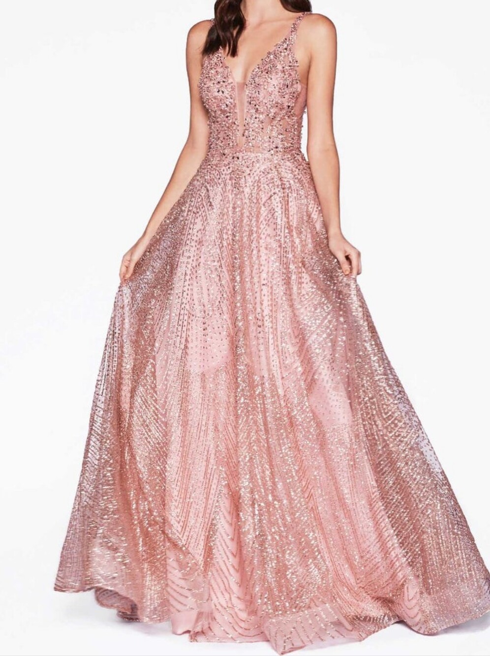 Sz 10 NWT Cinderella Divine AM258 Illusion Plunge Glitter Ballgown Sequin